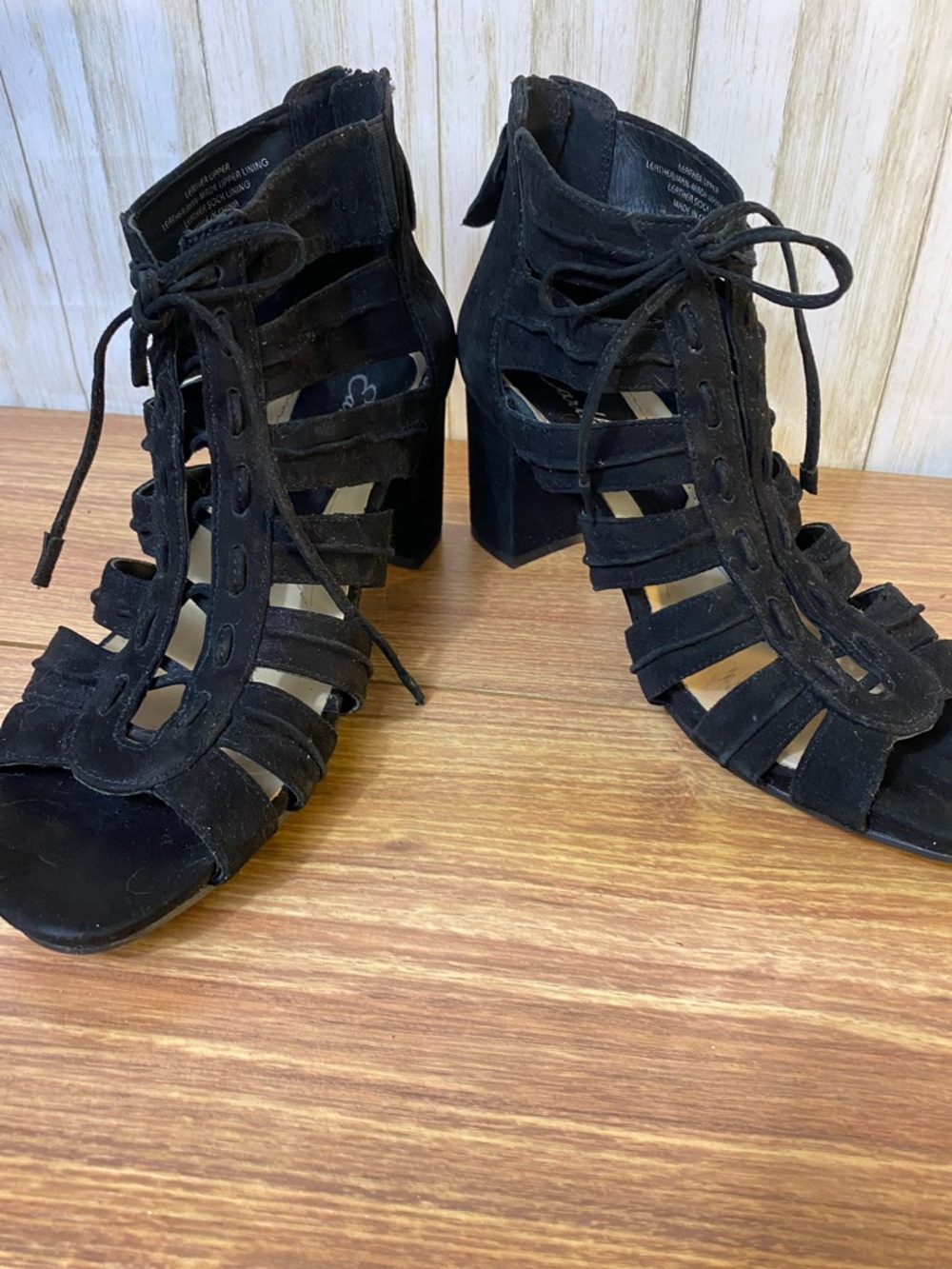 Earthies Black Suede Lace-Up Strappy Block Heel Sandals